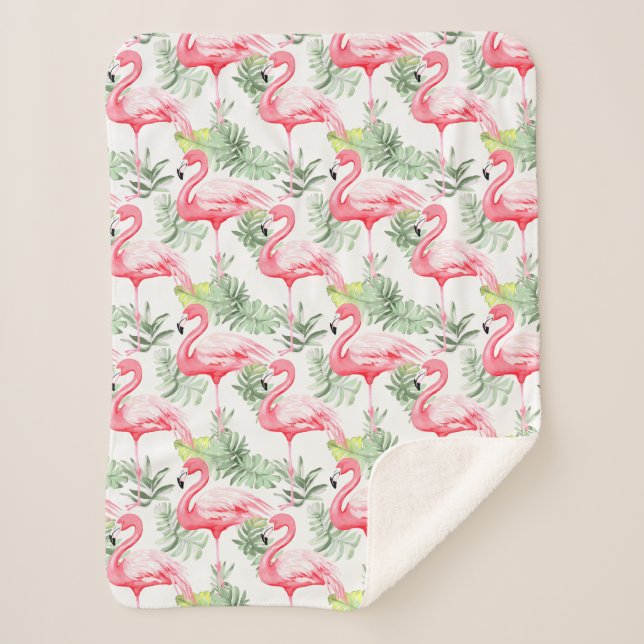 Tropisch farbenfroher Flamingo und Blätter Sherpadecke (Vorderseite)