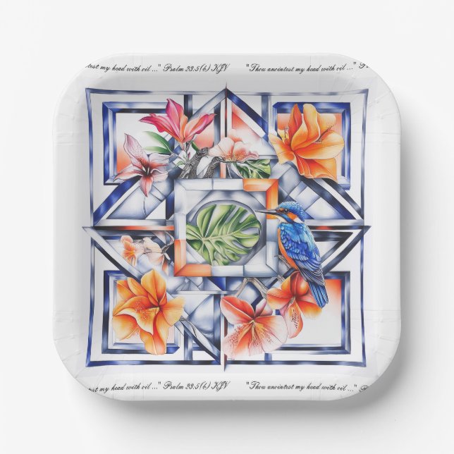 Tropisch floral, Botanik mit Vogel Pappteller (Vorderseite)