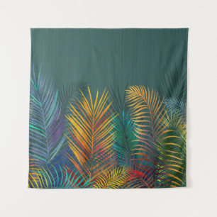 Tropisch gefärbte Palmwedel. Regenbogen Neon Blätt Wandteppich