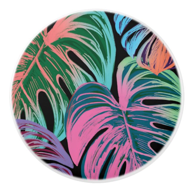 Tropisch gemalt Monstera rosa grünes Blau schwarz Keramikknauf (Vorderseite)