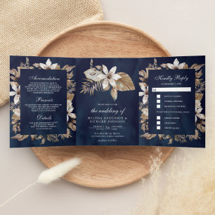 Tropisch getrocknete Palm-Blätter Navy Blue Weddin Dreifach Gefaltete Einladung