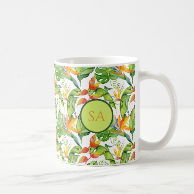 Tropisch grünes Monstera und Orange Blätter Kaffeetasse (Rechts)