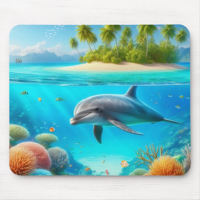 Tropisch/Hawaii farbiger Unterwasserdelphin Mousepad (Vorne)