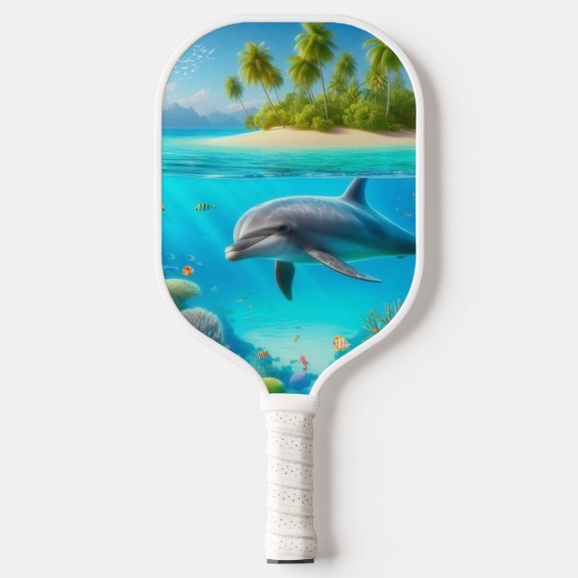Tropisch/Hawaii farbiger Unterwasserdelphin Pickleball Schläger (Vorderseite)