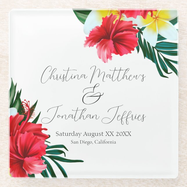 Tropisch-hawaiianische Blume auf elegantem Weiß Glasuntersetzer (Vorderseite)