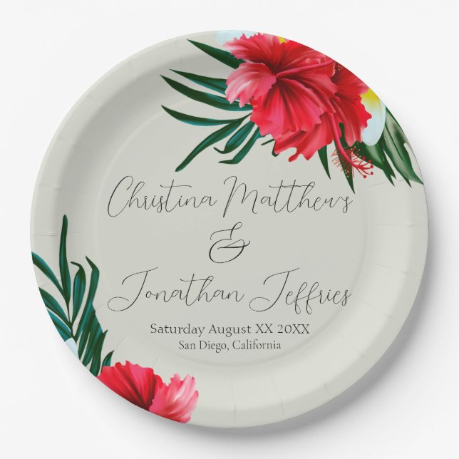 Tropisch-hawaiianische Blume auf eleganten Weisen  Pappteller (Vorderseite)