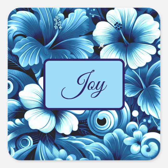 Tropisch-hawaiianische Blume Hibiskus Blaues Muste Quadratischer Aufkleber (Vorderseite)