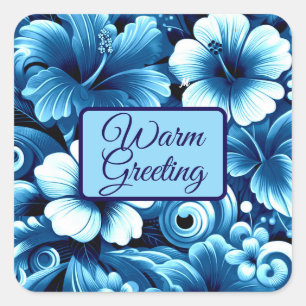 Tropisch-hawaiianische Blume Hibiskus Blaues Muste Quadratischer Aufkleber