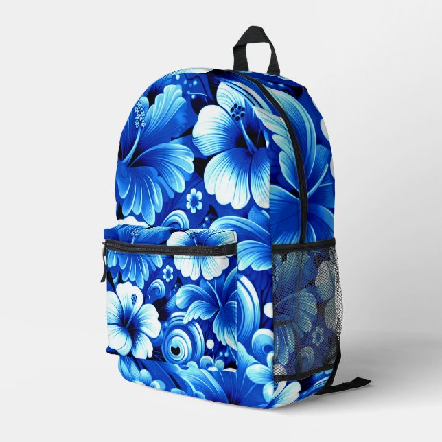 Tropisch-hawaiianische Blume Hibiskus Cobalt Blue Bedruckter Rucksack (Rückseitige Ecke Rechts)