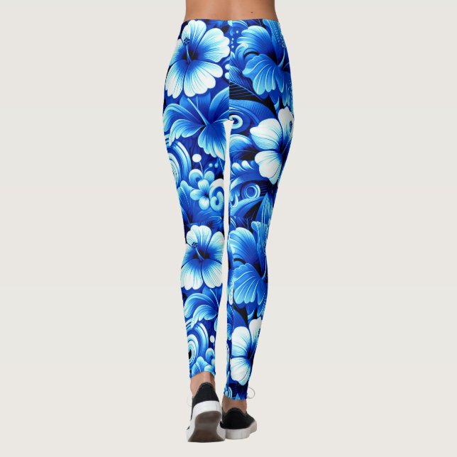 Tropisch-hawaiianische Blume Hibiskus Cobalt Blue Leggings (Rückseite)