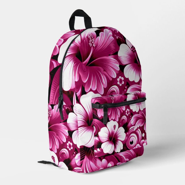 Tropisch-hawaiianische Blume Hibiskus Rosa Weiß Bedruckter Rucksack (Rückseitige Ecke links)
