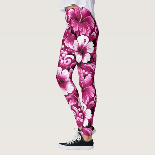 Tropisch-hawaiianische Blume Hibiskus Rosa Weiß Leggings (Links)