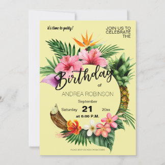 Tropisch-Hawaiianische Blumengeburtsparty gelb Einladung