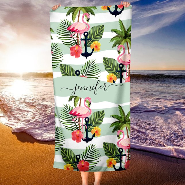 Tropisch Hawaiianische Flamingos Palm Tree Blätter Strandtuch (Tropical Hawaiian Pink Flamingoes Palm Tree Leaves Beach Towel)