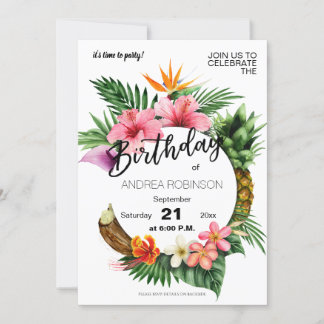 Tropisch-Hawaiianische Flora-Geburtstagsparty Weiß Einladung