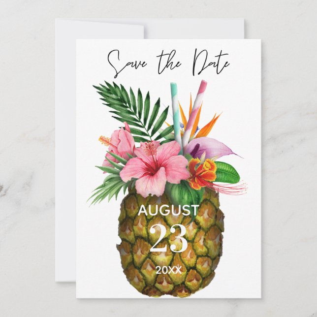 Tropisch-Hawaiianisches Blütengelb und Ananas Save The Date (Vorderseite)