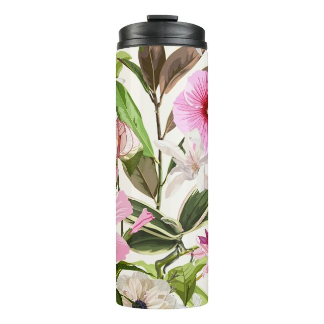 Tropisch hellgrüne Blätter, Blume. Thermosbecher (Vorderseite)