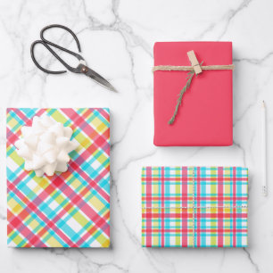 Tropisch - Koralle, Blau, Chartreuse, Gelb Kariert Geschenkpapier Set