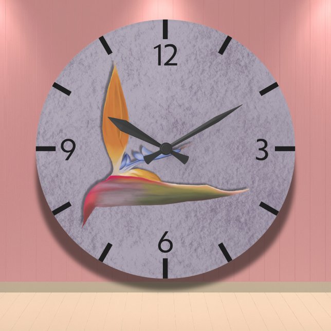 Tropisch Lila Paradiesvogel handGezeichnet Große Wanduhr (Von Creator hochgeladen)