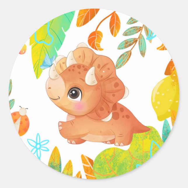 Tropisch Niedlich Orange Dinosaur Baby Dusche Clas Runder Aufkleber (Vorderseite)