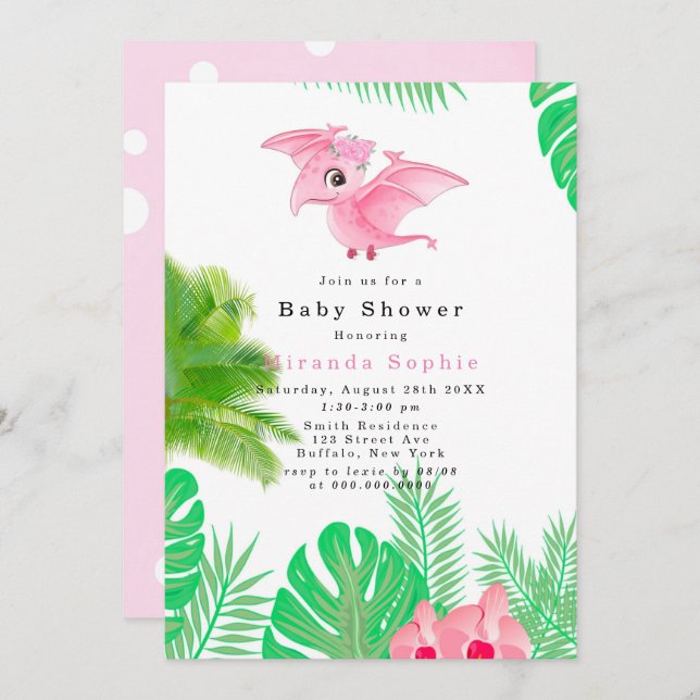 Tropisch Pink Dinosaur Niedlich Girl Baby Dusche Einladung