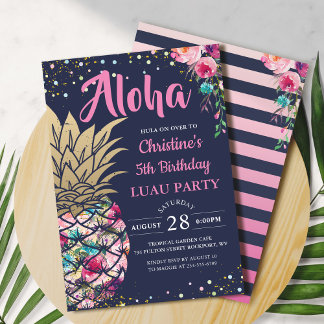 Tropisch Pink Gold Ananas Navy Blue Geburtstag Einladung