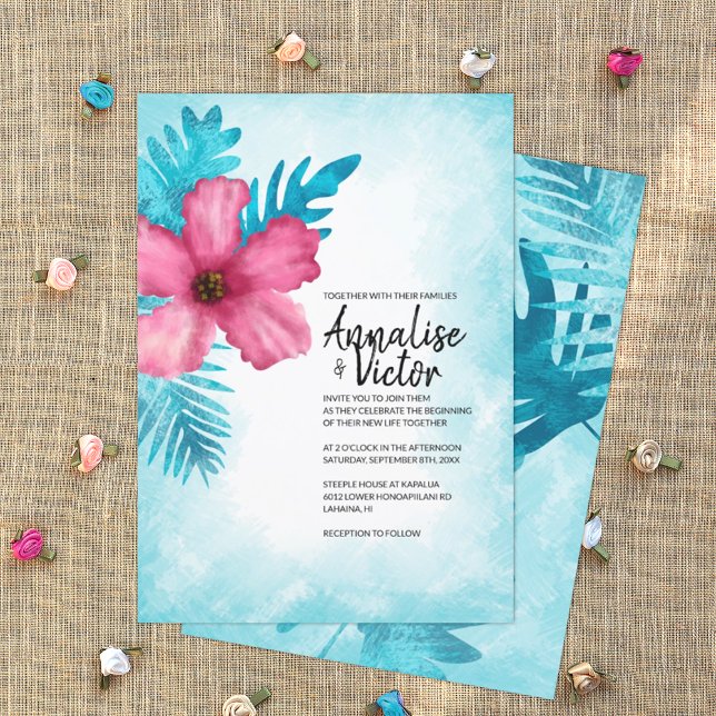 Tropisch Pink Türkis Hibiskus Island Wedding Einladung (turquoise and pink tropical wedding invitation card, pink hibiscus flowers, Hawaiian theme)