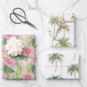 Tropisch-rosa Blume Goldpalmenbäume Hochzeit Geschenkpapier Set