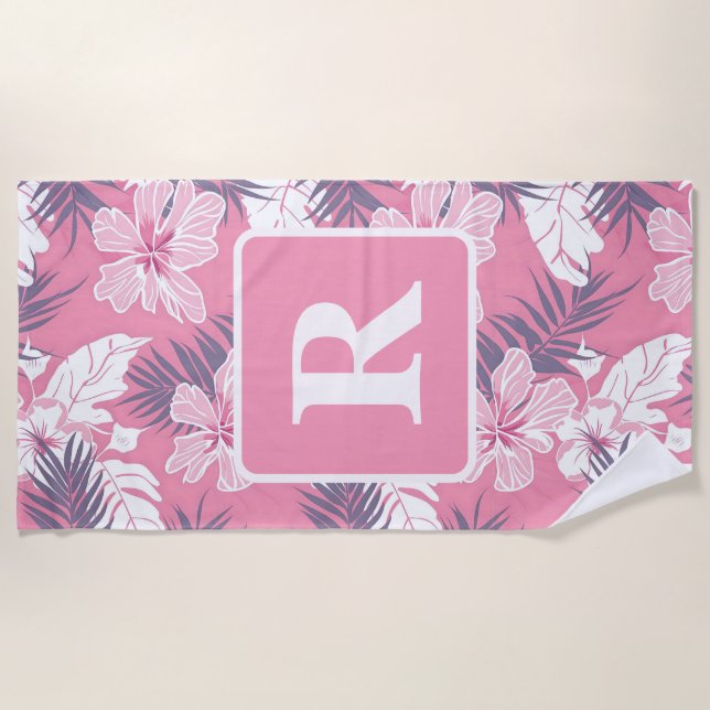 Tropisch rosa Blume Monogramm Fleecedecke Strandtuch (Vorderseite)