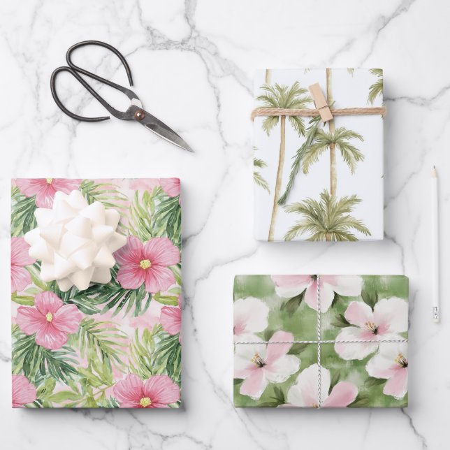 Tropisch rosa Blume Palmen Bäume Hochzeit Geschenkpapier Set (Vorderseite)