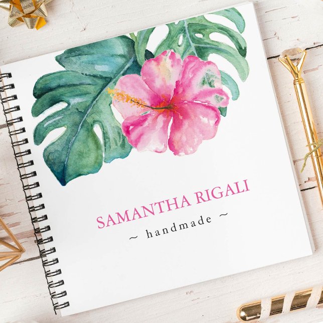 Tropisch rosa Blume und Grünpflanzen Personalisier Notizbuch (Personalized notebook pink hibiscus flower art by Victoria Grigaliunas Do Tell A Belle)