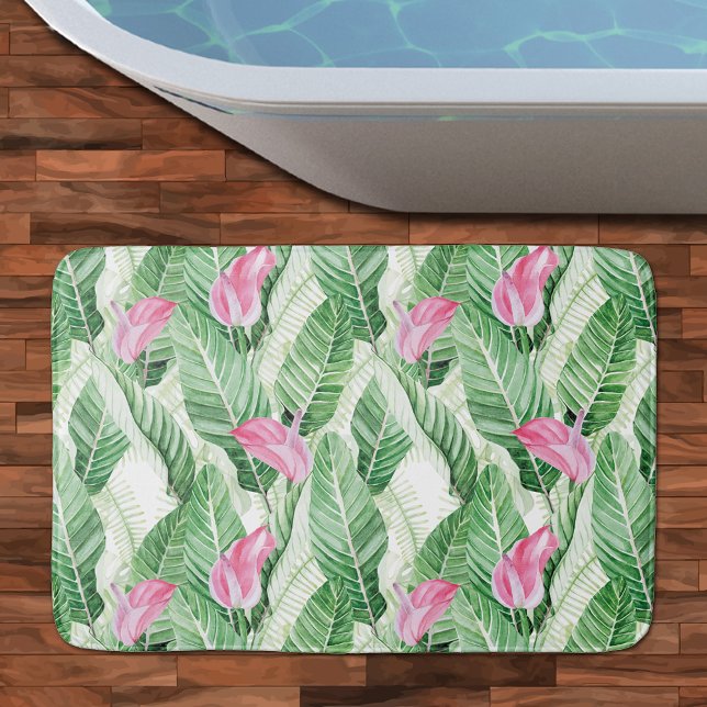 Tropisch rosa Blumengrün Badematte (Tropical Pink Floral Greenery Bath Mat - 3 sizes available)