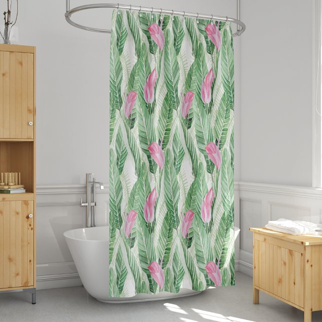 Tropisch rosa Blumengrün Duschvorhang (Tropical Pink Floral Greenery Shower Curtain)