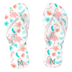 Tropisch rosa Flamingo Aquamarin Monogram Flip Flops