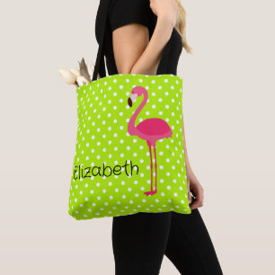 Tropisch rosa Flamingo auf grünen weißen Polka Pun