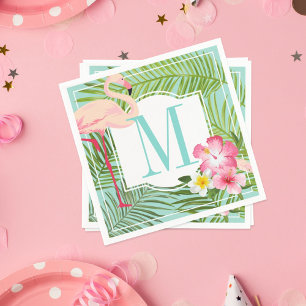 Tropisch rosa Flamingo Custom Aqua Monogram Letter Serviette