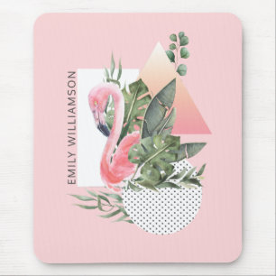 Tropisch rosa Flamingo Feminine Collage mit Namen Mousepad