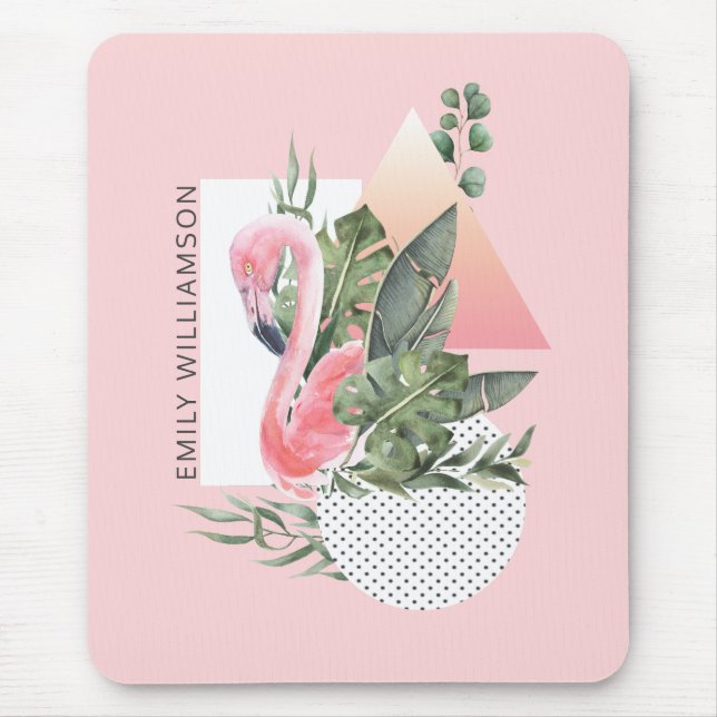 Tropisch rosa Flamingo Feminine Collage mit Namen Mousepad (Vorne)