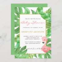 Tropisch rosa Flamingo-grüne Blätter Babydusche