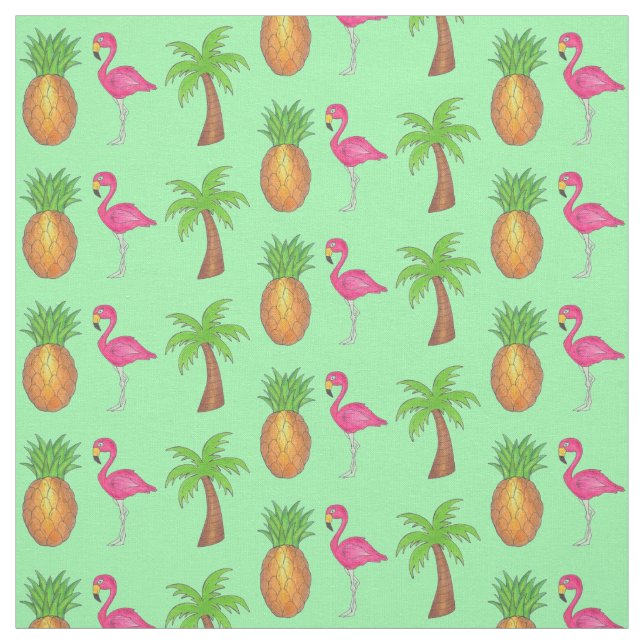 Tropisch rosa Flamingo Grüner Palmenbaum Ananas Stoff (Muster)