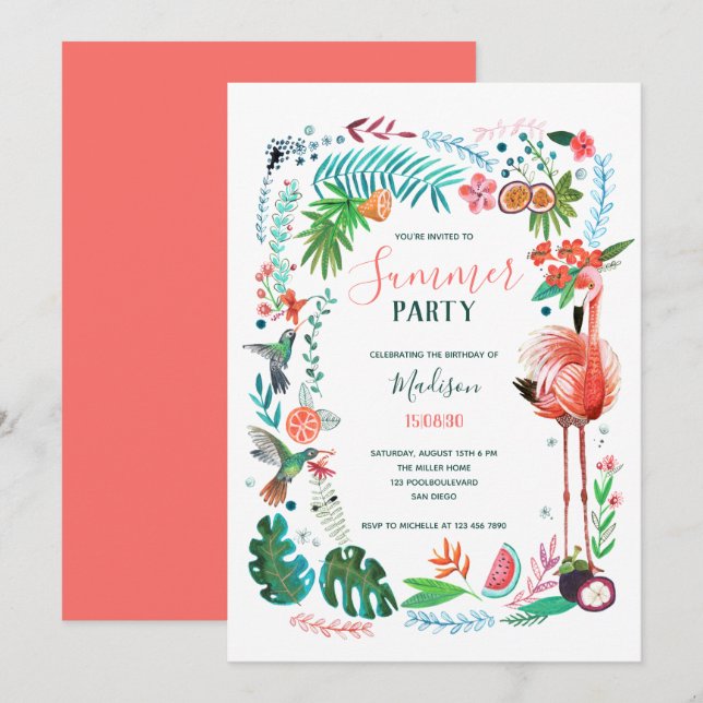 Tropisch-rosa Flamingo im Sommer Party Einladung (Vorne/Hinten)