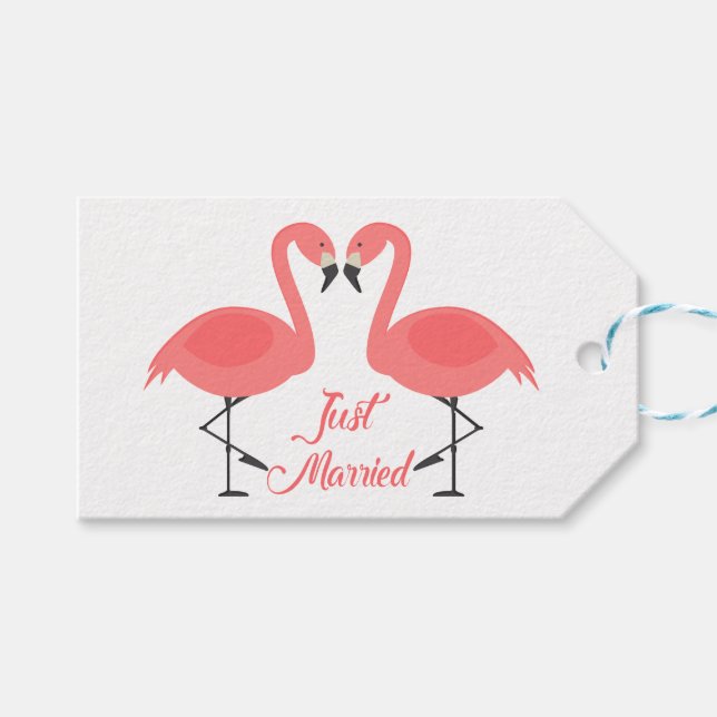 Tropisch rosa Flamingo Just Married Wedding Beach Geschenkanhänger (Vorderseite (Horizontal))