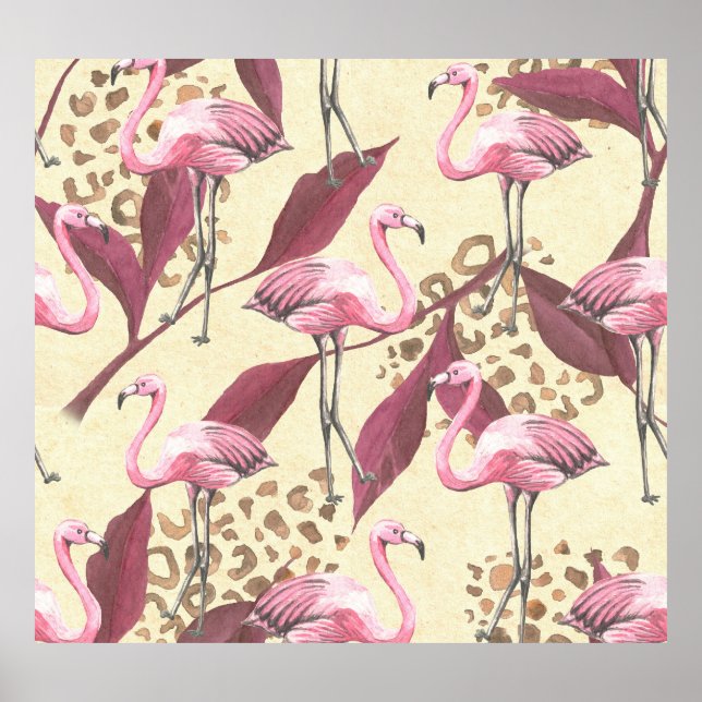 Tropisch rosa Flamingo, Leopardenmuster. Poster (Vorne)