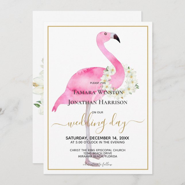 Tropisch rosa Flamingo Magnolias Beach Wedding Einladung (Vorne/Hinten)