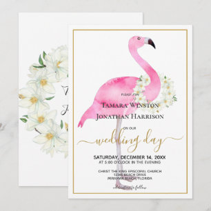 Tropisch rosa Flamingo Magnolias Beach Wedding Einladung