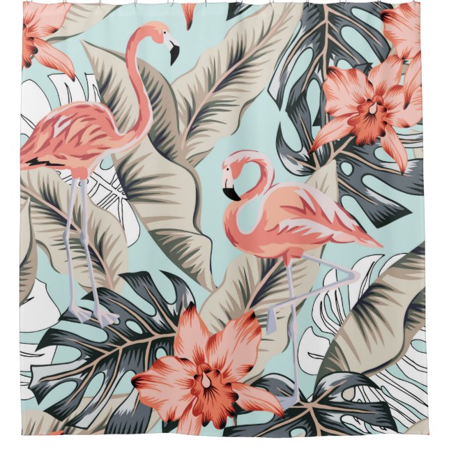 Tropisch rosa Flamingo mit orchiden Blume und Lee Duschvorhang (Vorderseite)
