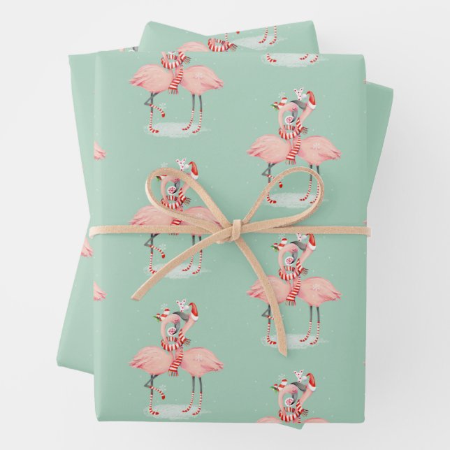 Tropisch rosa Flamingo mit Weihnachtsmannmützen We Geschenkpapier Set (Beispiel)