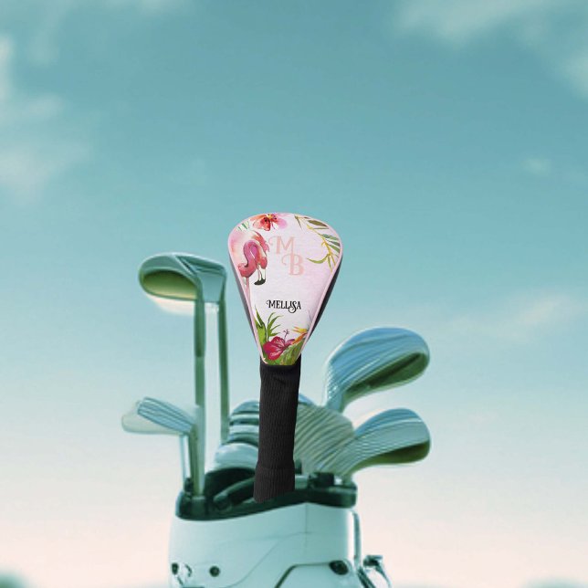 Tropisch rosa Flamingo Monogram Golf Headcover (Girly golfing gift in tropical watercolors features pink flamingo.)