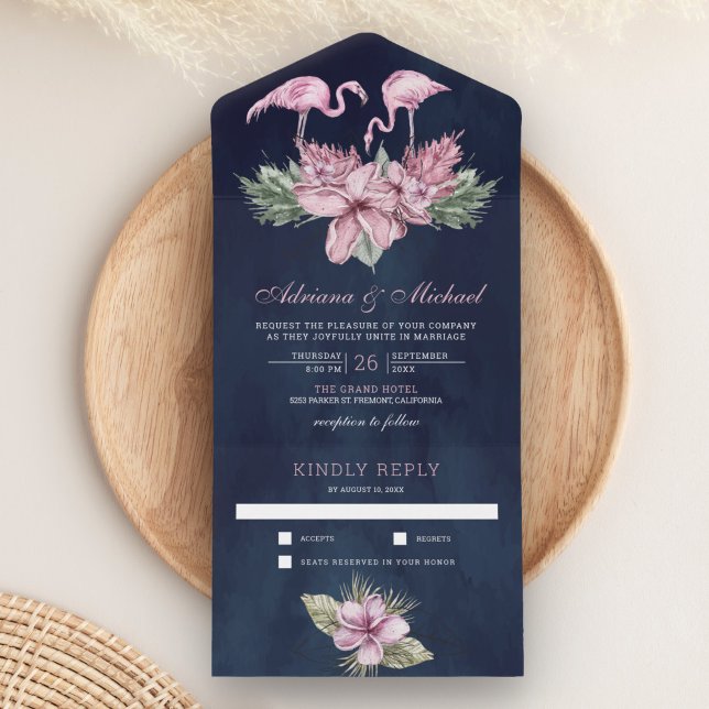 Tropisch rosa Flamingo Navy Blue Wedding All In One Einladung (Von Creator hochgeladen)
