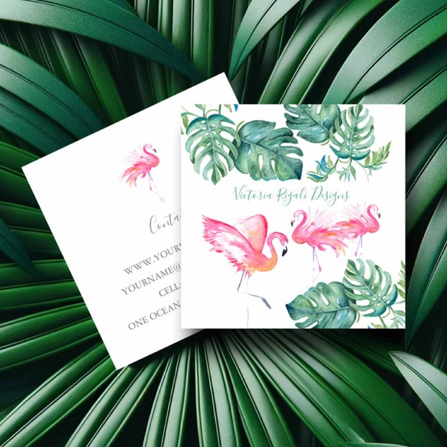 Tropisch rosa Flamingo Palm Blätter Quadratische Visitenkarte (Tropical business cards with watercolor pink flamingos and palm leaves by Victoria Grigaliunas)